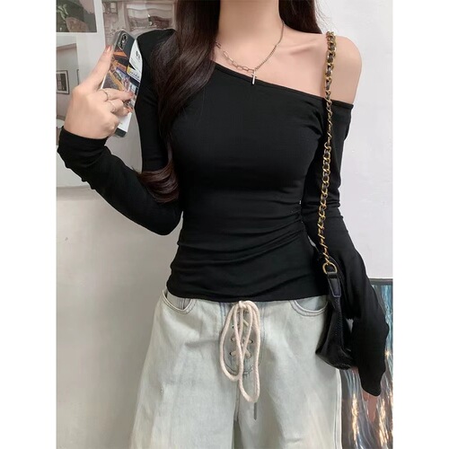 Pure Desire Seductive Slimming Off-the-Shoulder Striped One-Color Long-Sleeve T-Shirt for Women - Early Autumn Design Fashion Versatile Top
