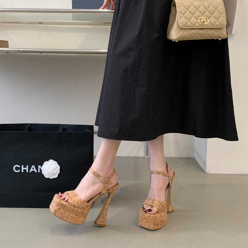 2026 Summer New Style Cork Waterproof Platform Chunky Heel Sandals Square Toe Single Strap High Heels Same Style as Internet Celebrities 2026 Summer New Style Cork Waterproof Platform Chunky Heel Sandals Square Toe Single Strap High Heels Same Style as Internet Celebrities