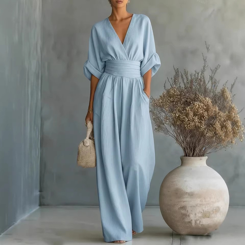 In-Stock 2026 European and American Cross-Border Spring/Summer New Amazon Elegant Waist-Cinching V-Neck Stylish Women's Jumpsuit In-Stock 2026 European and American Cross-Border Spring/Summer New Amazon Elegant Waist-Cinching V-Neck Stylish Women's Jumpsuit