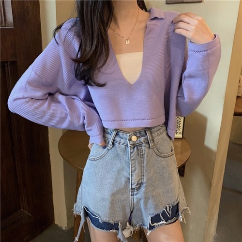 V-neck sweater for women in autumn 2023 new Korean style long-sleeved sweater short student thin versatile top trendy