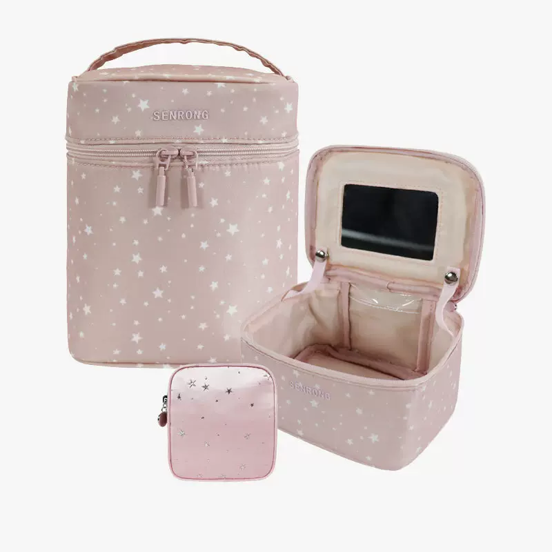 pu便携手提化妆包箱包 定制色丁布分区旅行收纳包洗漱包袋带镜子