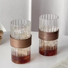 新款大容量透明玻璃杯家用竖条纹玻璃杯可拆卸胡桃木防烫杯套杯子