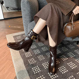 女靴皮靴女鞋小众轻奢2025秋冬手工复古外贸跨境西部靴