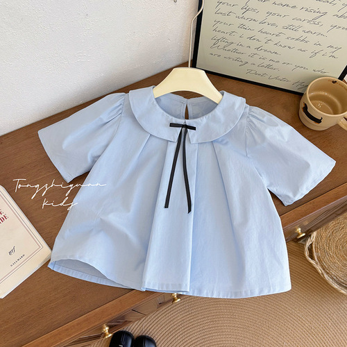 Girls' College Style Summer Shirt Top with Baby Collar, Fashionable and Trendy Short-Sleeve Shirt, Euro Style