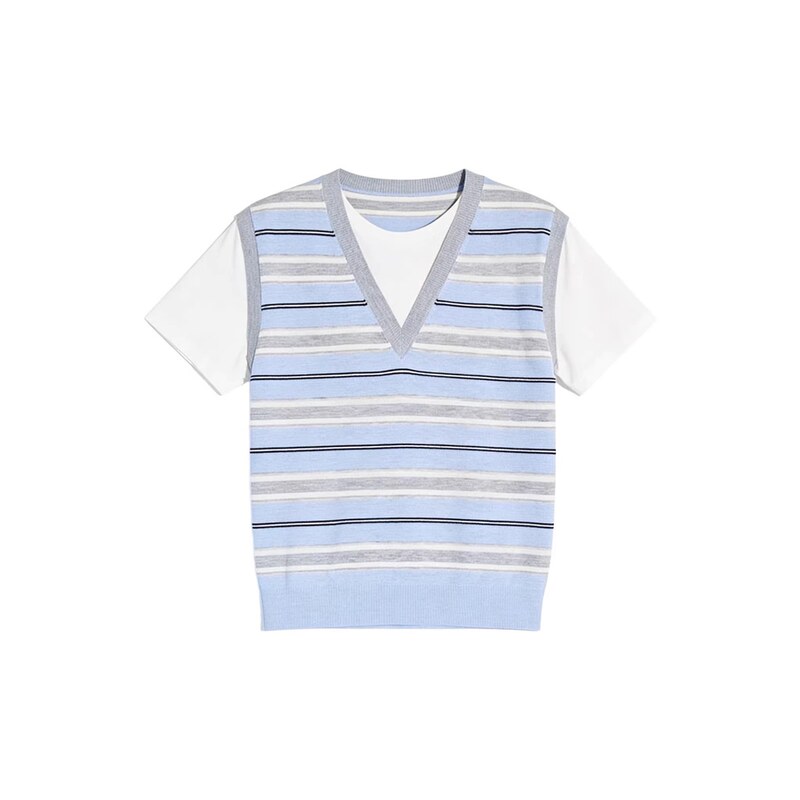 Mm Mai Mai 26 New Summer Style College Style Striped Fake Two-Piece Knitwear Women's Short-Sleeved V Neck Top 4H4231611 Mm Mai Mai 26 New Summer Style College Style Striped Fake Two-Piece Knitwear Women's Short-Sleeved V Neck Top 4H4231611