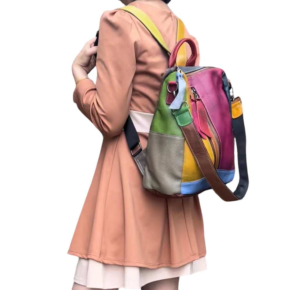 Leather Backpack With Colorful Cowhide Splicing, Single Shoulder Bag, Casual Backpack_voghion.com