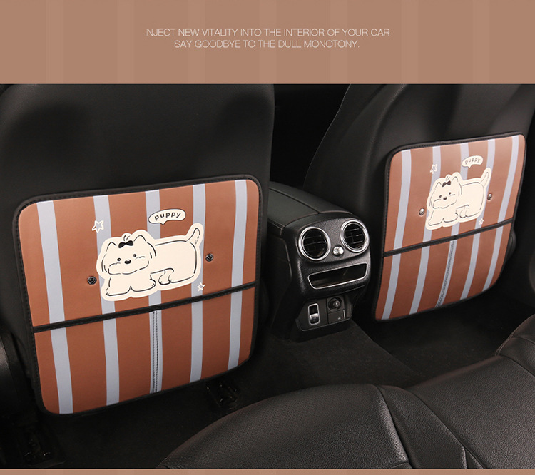 Cute Striped Puppy Car Seat Back Anti-Kick Pad for Rear Seats, Anti-Dirt and Anti-Stain Pad with Storage Pocket