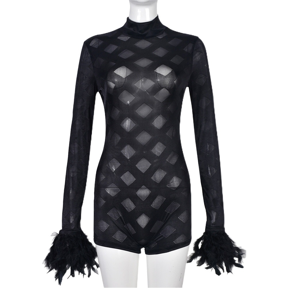 Mono largo de manga larga con borlas de plumas transparentes, sexy, novedad de primavera 2025, venta al por mayor de ropa europea y americana para Amazon transfronterizo