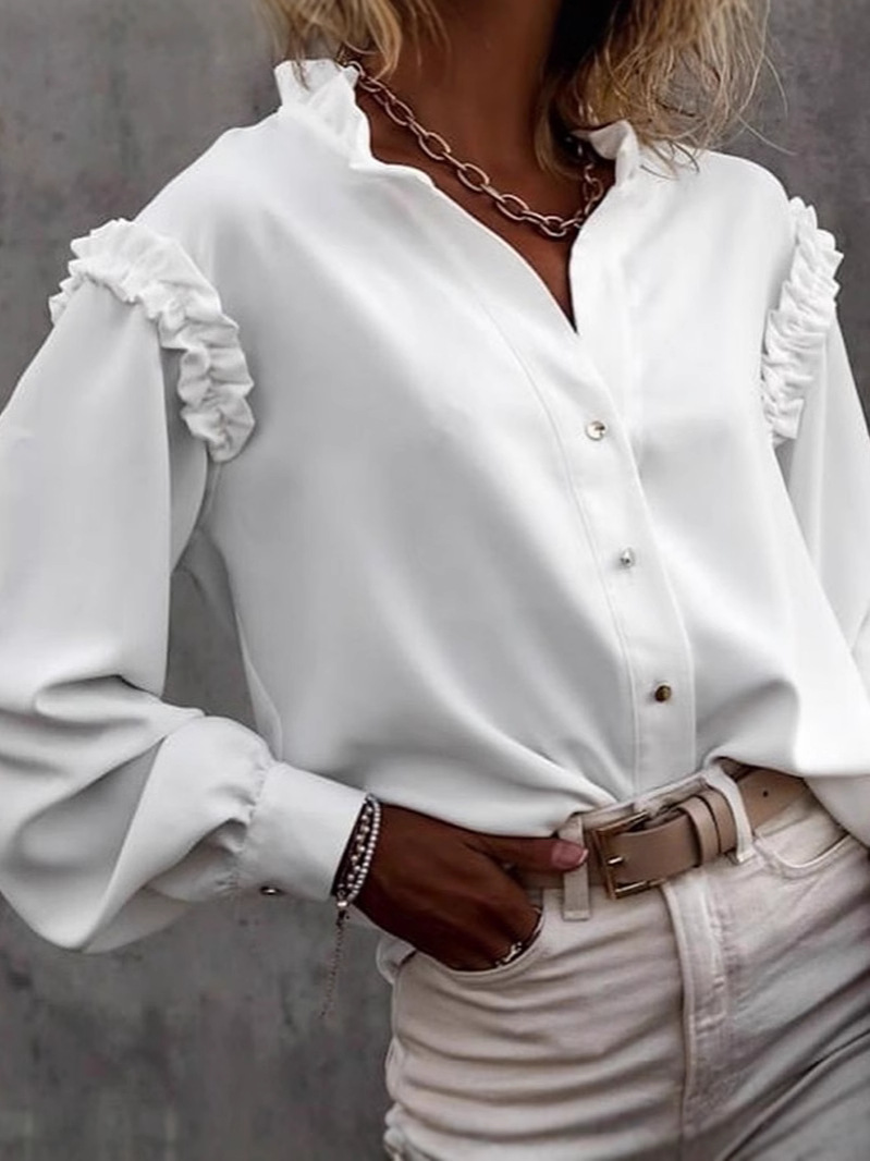 Comercio exterior transfronterizo exclusivo 2025 moda nuevo estilo linterna manga de una sola fila botones color sólido camisa de manga larga blusa damas image 1