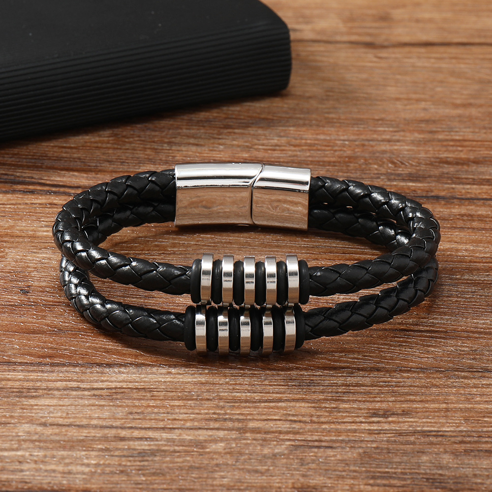 Leather Chain Material 1 Piece Quantity Classic Style Solid Color Pu Leather Knitting Men's Bangle Men Cord & Leather Bracelets