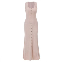 SP春夏优雅淑女卡其色圆领无袖上衣高腰A字半裙针织时尚休闲套装