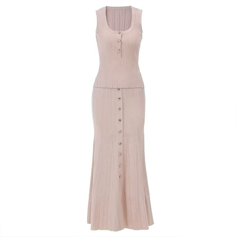 SP春夏优雅淑女卡其色圆领无袖上衣高腰A字半裙针织时尚休闲套装