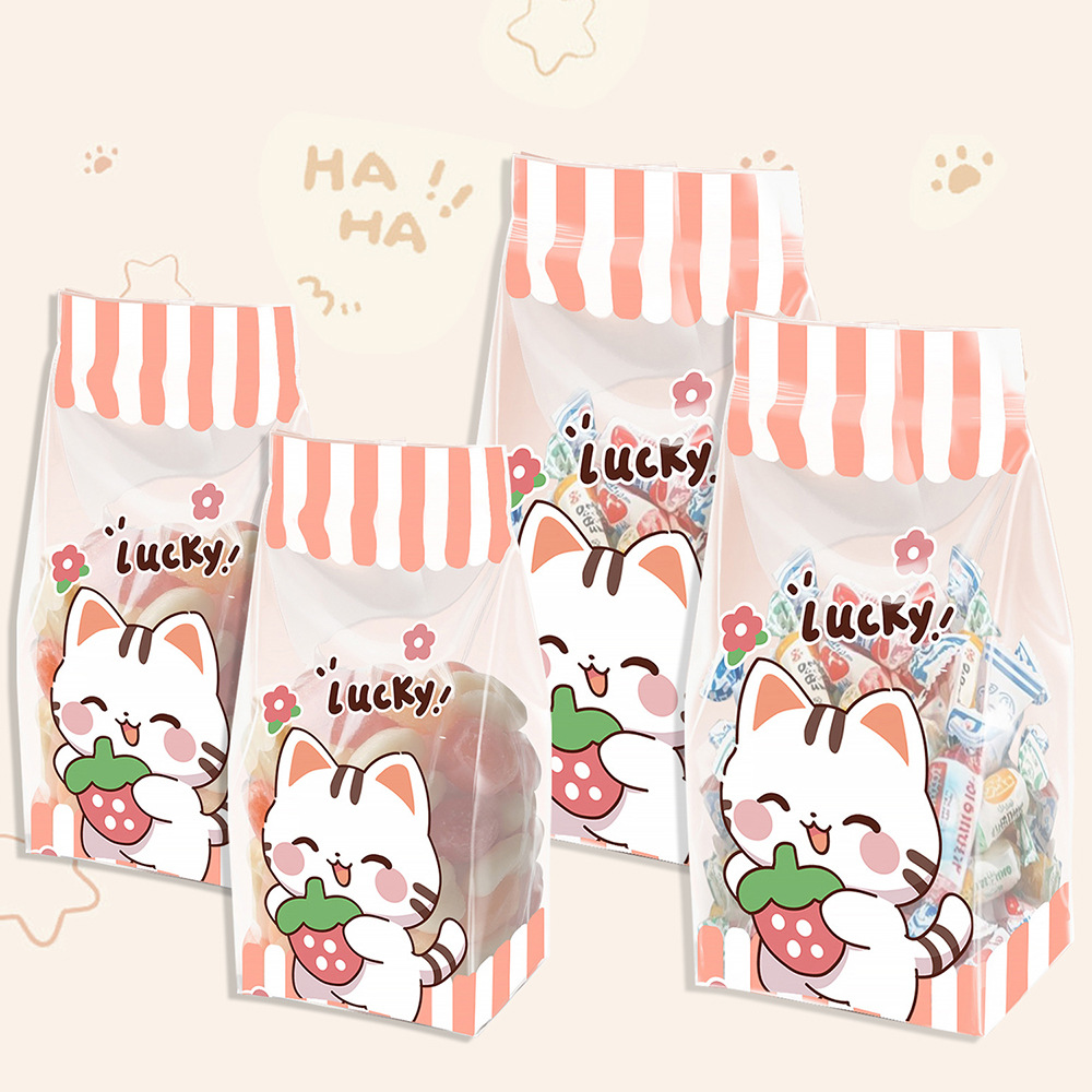 50个装可爱草莓猫咪礼品包装袋风琴袋diy欢乐派对糖果饼干自立袋