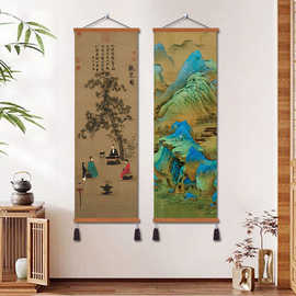 布艺挂画中国风入户玄关装饰画听琴图国画条幅卷轴遮挡画茶室禅意