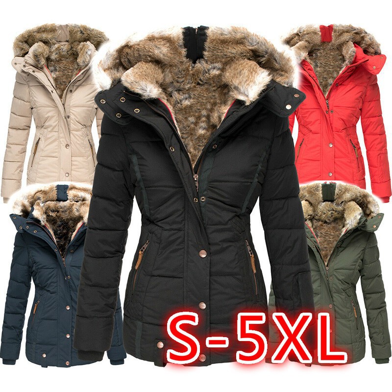 in stock Wish Amazon Winter Warm Fur Collar Cotton-padded jacket Women's Zipper Long Sleeve Slim-fit Hooded Cotton-padded Jacket W128