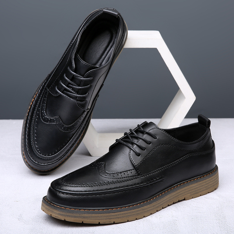 zapatos de cuero de correa baja ropa formal de hombre de negocios de cuero real aumento traje casual negro bloque tallado zapatos de hombre