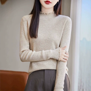 女装早秋新款木耳蕾丝领针织衫半高领抽条纯色显瘦套头毛衣打底衫