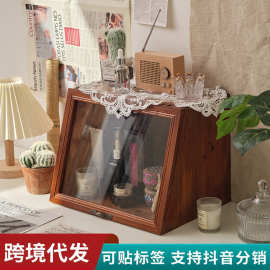 翻盖杂货木制桌面置物盒子杂物化妆品洗浴用品收纳复古防尘储物盒