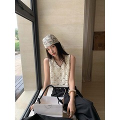 趋梦DT ETOLIE菱格钩针镂空针织背心女外穿撞色边无袖短款v领上衣