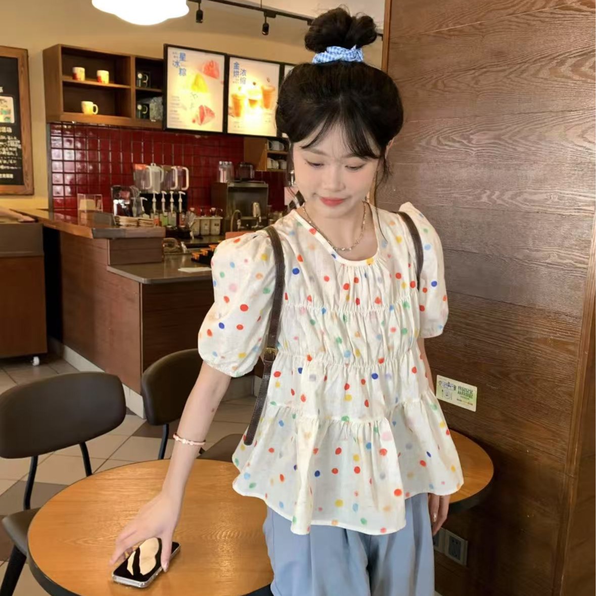彩色波点短袖泡泡袖衬衫女2025夏季新款韩版圆领压褶宽松显瘦上衣