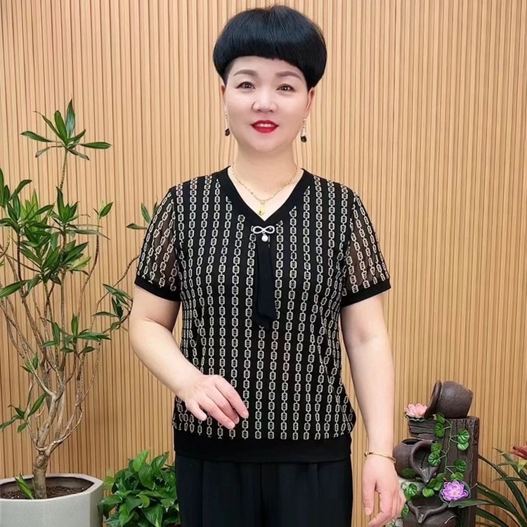 2024年轻妈妈夏装弹力网纱中老年时尚洋气中年妇女气质女短袖t恤