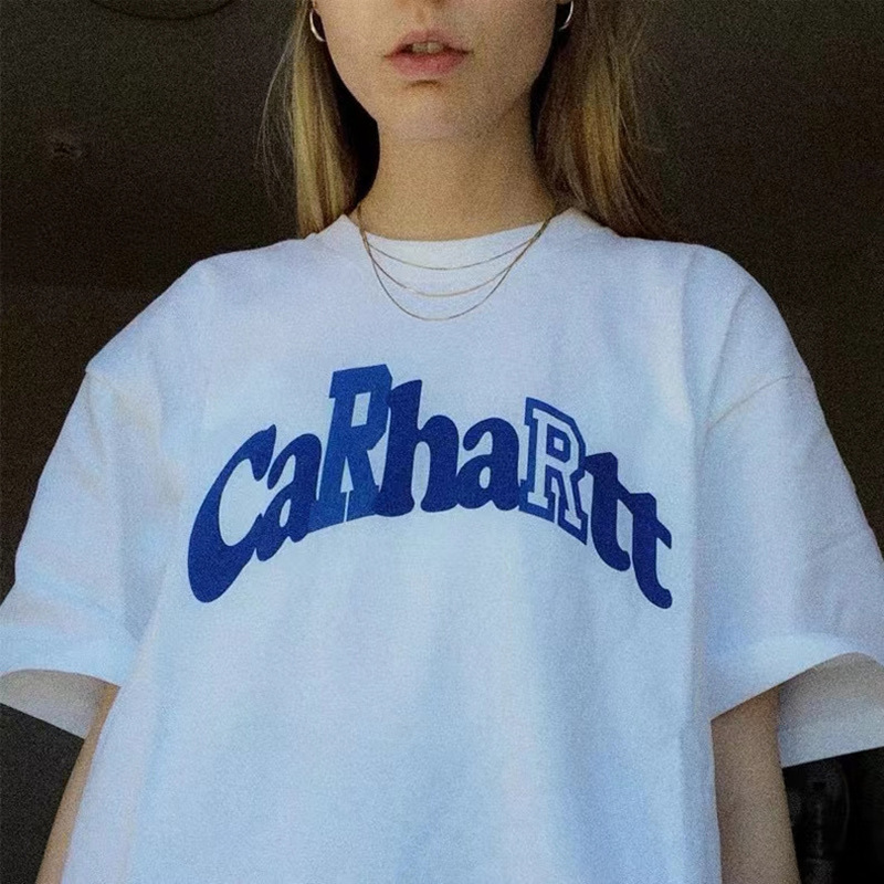 Carhartt Letter Print Loose Youth Couple Round Neck Pullover Casual Work Clothing Ins Double Yarn Short Sleeves