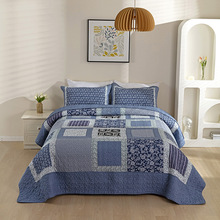 全棉床盖三件套蓝色格子绗缝被双人空调被纯棉夏凉被床单床上用品