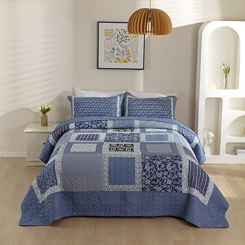 全棉床盖三件套蓝色格子绗缝被双人空调被纯棉夏凉被床单床上用品