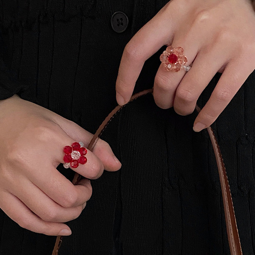 原创新款手工复古串珠水晶花朵编织戒指环不掉色 韩版小众ins风女
