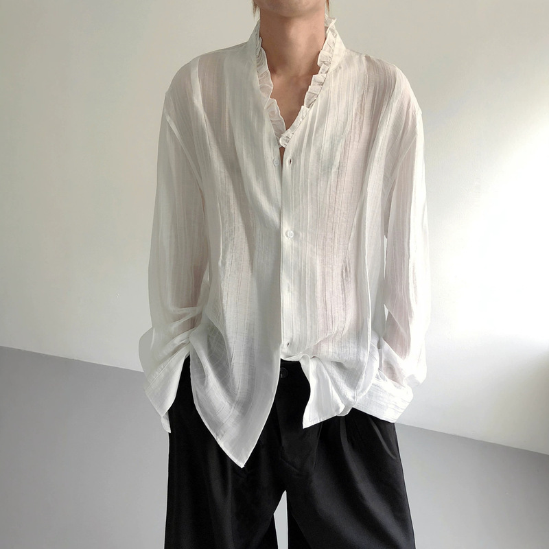 Mr. Fude's Lace Texture Pleated V-Neck Shirt for Men, Long-Sleeve French Design Casual Shirt, Sun Protection Shirt Mr. Fude's Lace Texture Pleated V-Neck Shirt for Men, Long-Sleeve French Design Casual Shirt, Sun Protection Shirt