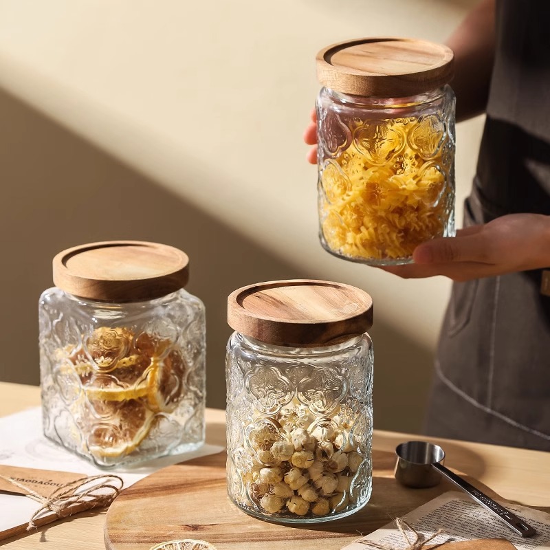 压花玻璃茶叶罐日式杂粮罐咖啡豆储物瓶复古海棠花收纳罐密封瓶