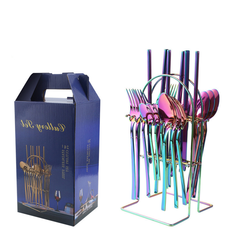 Vajilla de caballero de acero inoxidable de Amazon transfronterizo, bistec occidental, cuchillo, tenedor, cuchara, cuchara de postre, juego de caja de regalo de 24 piezas