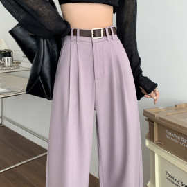 紫色高级感西装裤子女夏2024新款高腰洋气窄版宽松直筒阔腿裤垂感