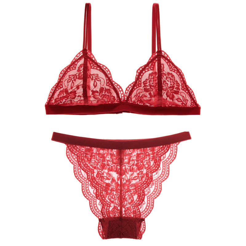 Procesamiento personalizado sujetador de encaje sexy francés ropa interior de copa triangular talla grande sin anillo de acero ropa interior delgada conjunto de ropa interior