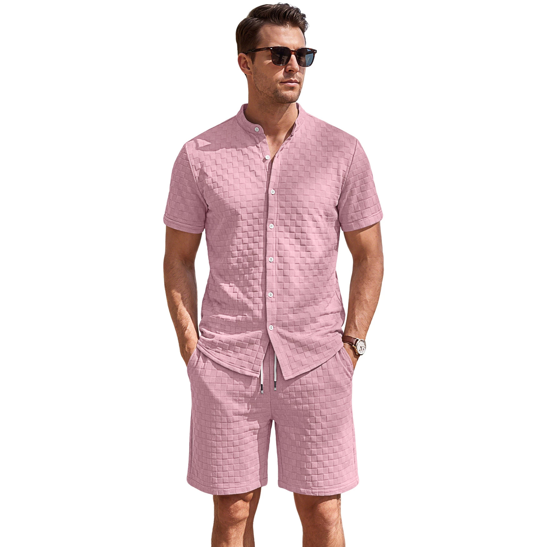 Nuevo transfronterizo Europa y América Amazon verano hombre nuevo Waffle camisa de solapa casual manga corta pantalones cortos