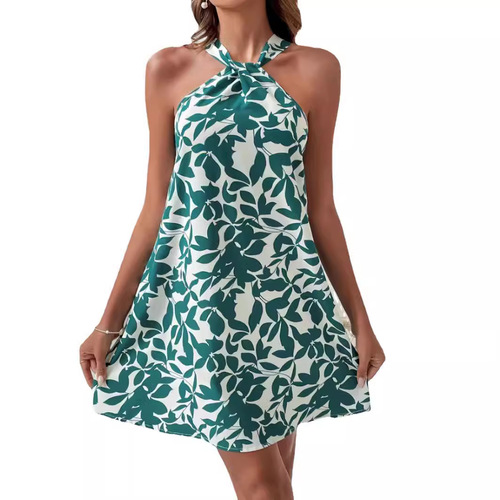 Women's 2025 Spring Floral Print Sleeveless Backless Short Skirt Hemline Neckline Dress from Europe and America