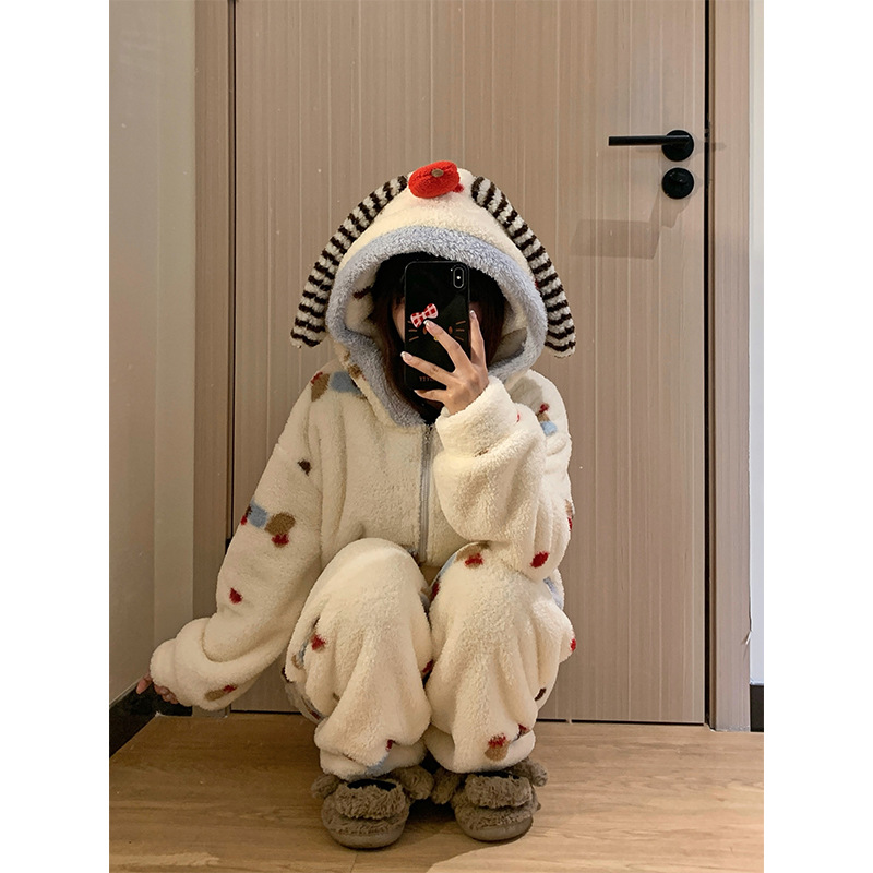 韩系大码宽松珊瑚绒连帽睡衣女冬款加厚保暖加绒法兰绒家居服套装