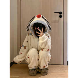 韩系大码宽松珊瑚绒连帽睡衣女冬款加厚保暖加绒法兰绒家居服套装