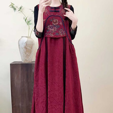 2025秋季棉麻提花加长款女马甲裙国风刺绣民族风女式无袖连衣裙