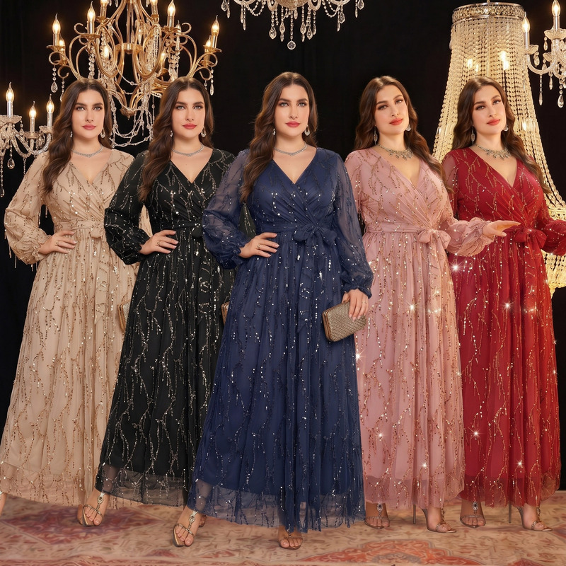 19315 Cross-Border Plus-Size Heavy-Duty Sequined Tassel Gown Dress V-Neck Tie-Waist Dress Foreign Trade Women's Clothing Wholesale 19315 Cross-Border Plus-Size Heavy-Duty Sequined Tassel Gown Dress V-Neck Tie-Waist Dress Foreign Trade Women's Clothing Wholesale