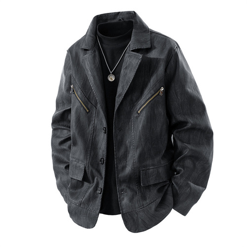 New Men's Leather Jacket, Biker Jacket, Collarless Racing Style, Contrast Color, Hong Kong Style Trend Brand, Seasonal Couple's Edition, Wide