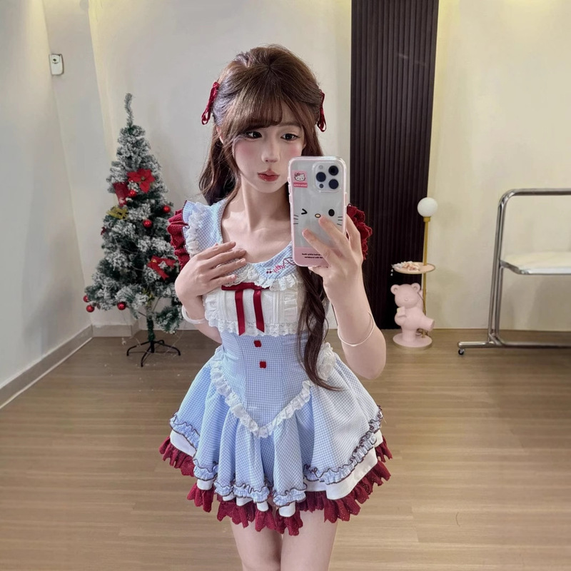 夏の新しい女の子のような甘くてかわいいブルーチェック柄リボン人形襟ドレスレーススカート|undefined