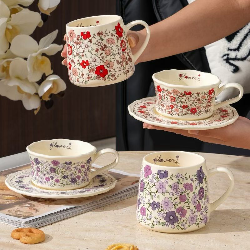 Vintage estilo francés de alto valor visual floral nicho de cerámica taza de agua caja de regalo conjunto de tazas y platos combinación de alta sensación regalo de mano
