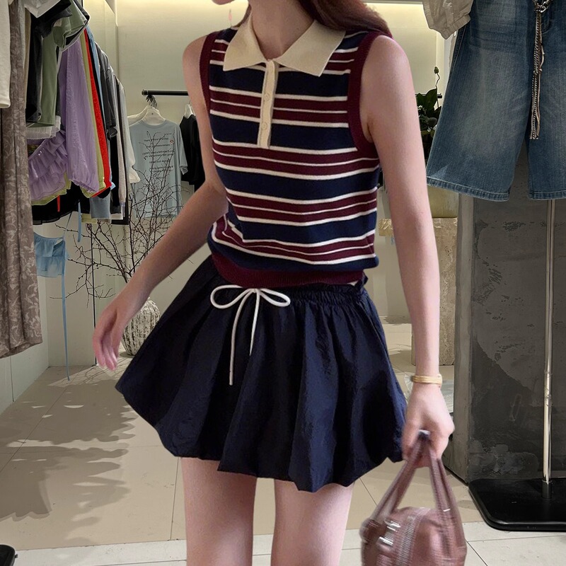 Color-Block Striped Polo Collar Knit Top for Women, Summer Design, Slim Fit, Versatile Sleeveless Tank Top