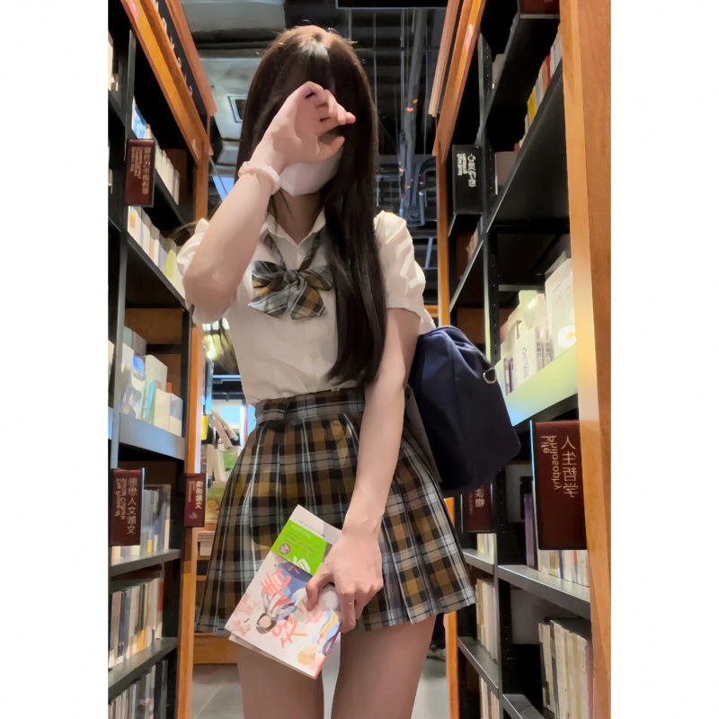 JK 制服チェック柄スカートホットガール犬ショートプリーツスカート日本の学校スタイル学生ウエストシャツスーツ|undefined