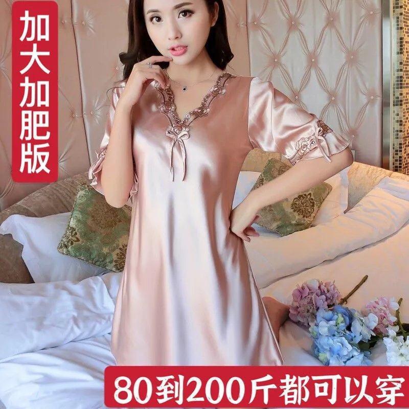 화이트 뉴 도착 나이트가운 여성 여름 섹시한 실크 반팔 나이트가운 얇은 한국 스타일 느슨한 플러스 사이즈 아이스 실크 잠옷 여성용 홈