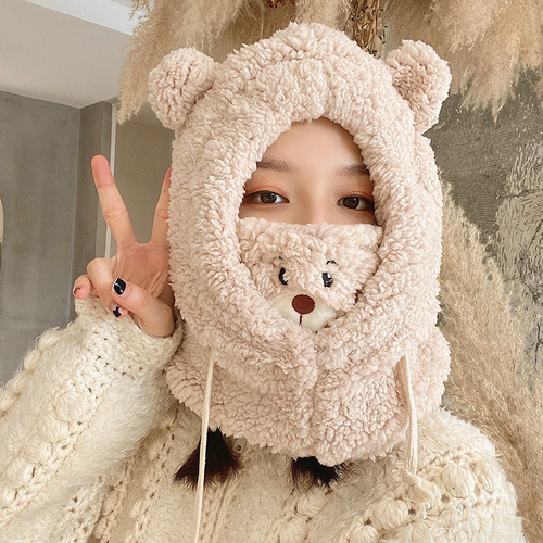 Cute bear scarf hat warm all-in-one hat female winter student lamb wool Korean style hooded plush hat