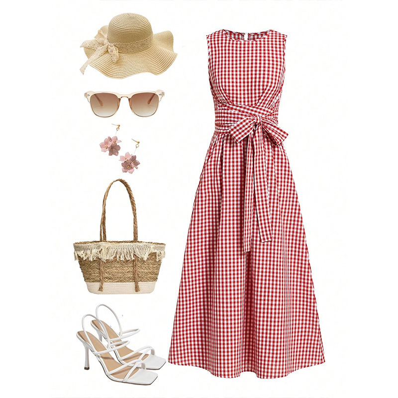 New foreign trade dress with red and white plaid pattern, sleeveless, waist-cinching, tie-waist, vintage style, mid-length A-line dress for commuting