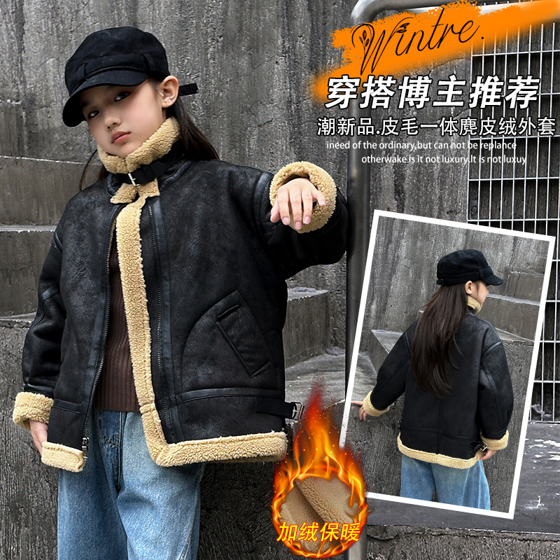 모피 원 LAMBSWOOL COAT 여성용 2024 가을 및 겨울 새로운 느슨한 레트로 바이커 코트 두꺼운 재킷 여성 코트