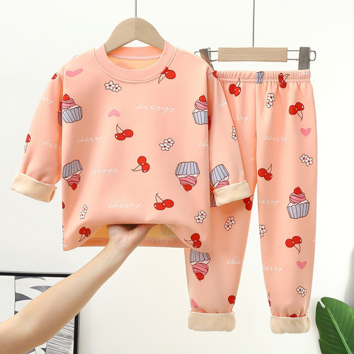 Children's warm innerwear set for boys and girls, middle and young children, with added padding and thickness, autumn tops and bottoms, baby sleepwear for infants and young children.